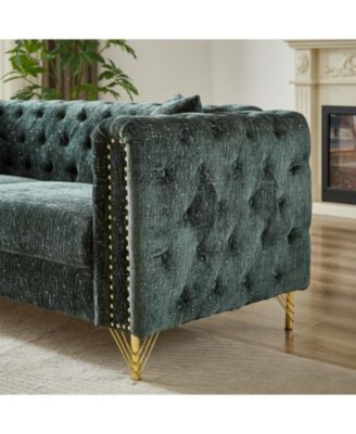 82-Inch Chenille Pull Buckle Design Sofa for Living Room, Buttons Tufted With Copper Nail Decoration Armrest, Modern Couch Upholstered Button And Metal Legs