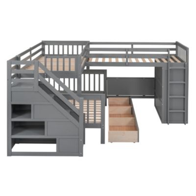 Twin/Twin/Full L-Shaped Bunk Bed w/ Desk, Wardrobe & Drawers