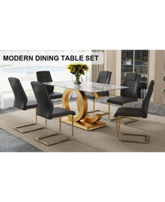 Streamdale 63" Glass Dining Set Marble Table & 6 Black/Gold Chairs