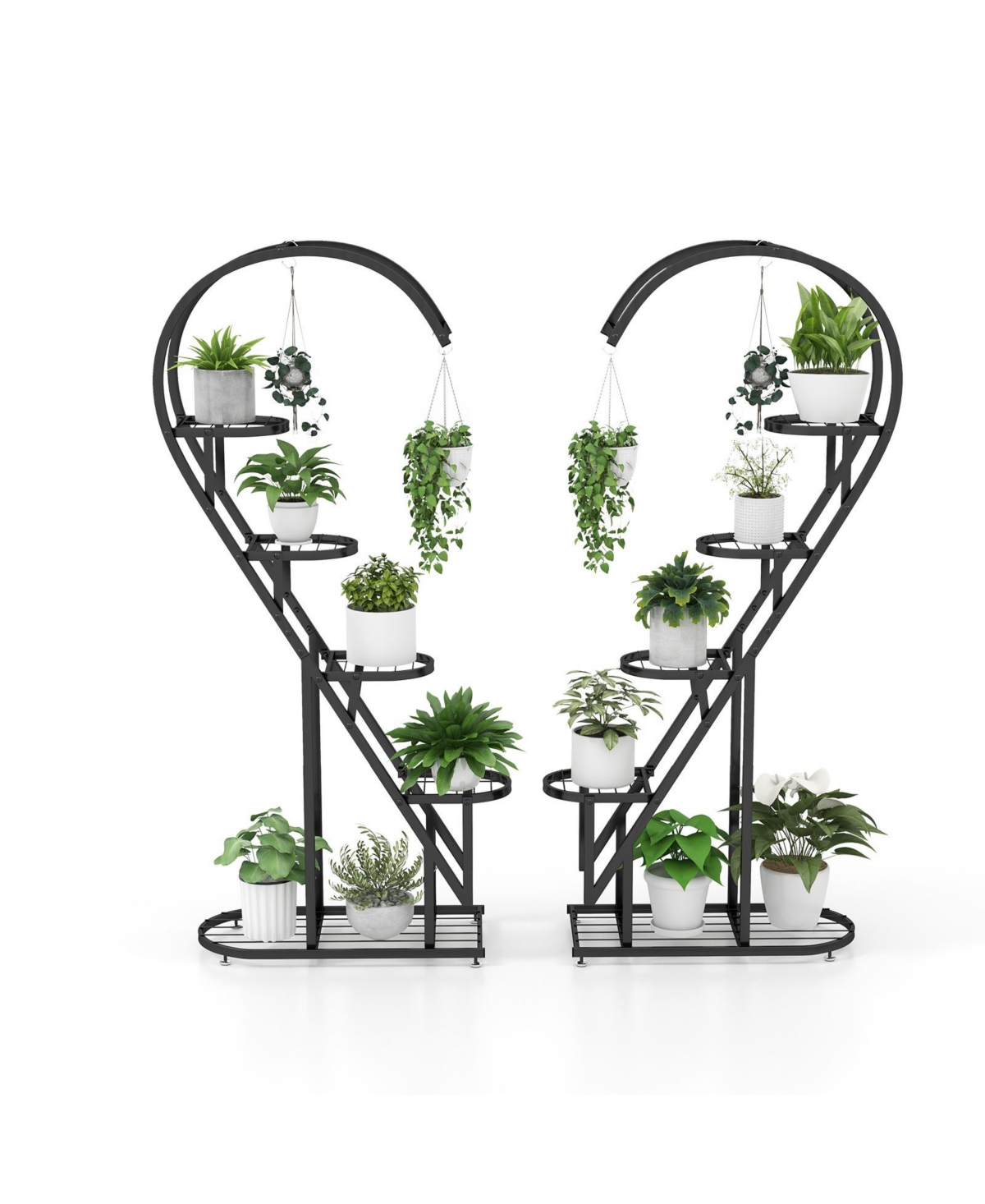 5 Tier Metal Plant Stand with Hanging Hook for Multiple Plants - Black