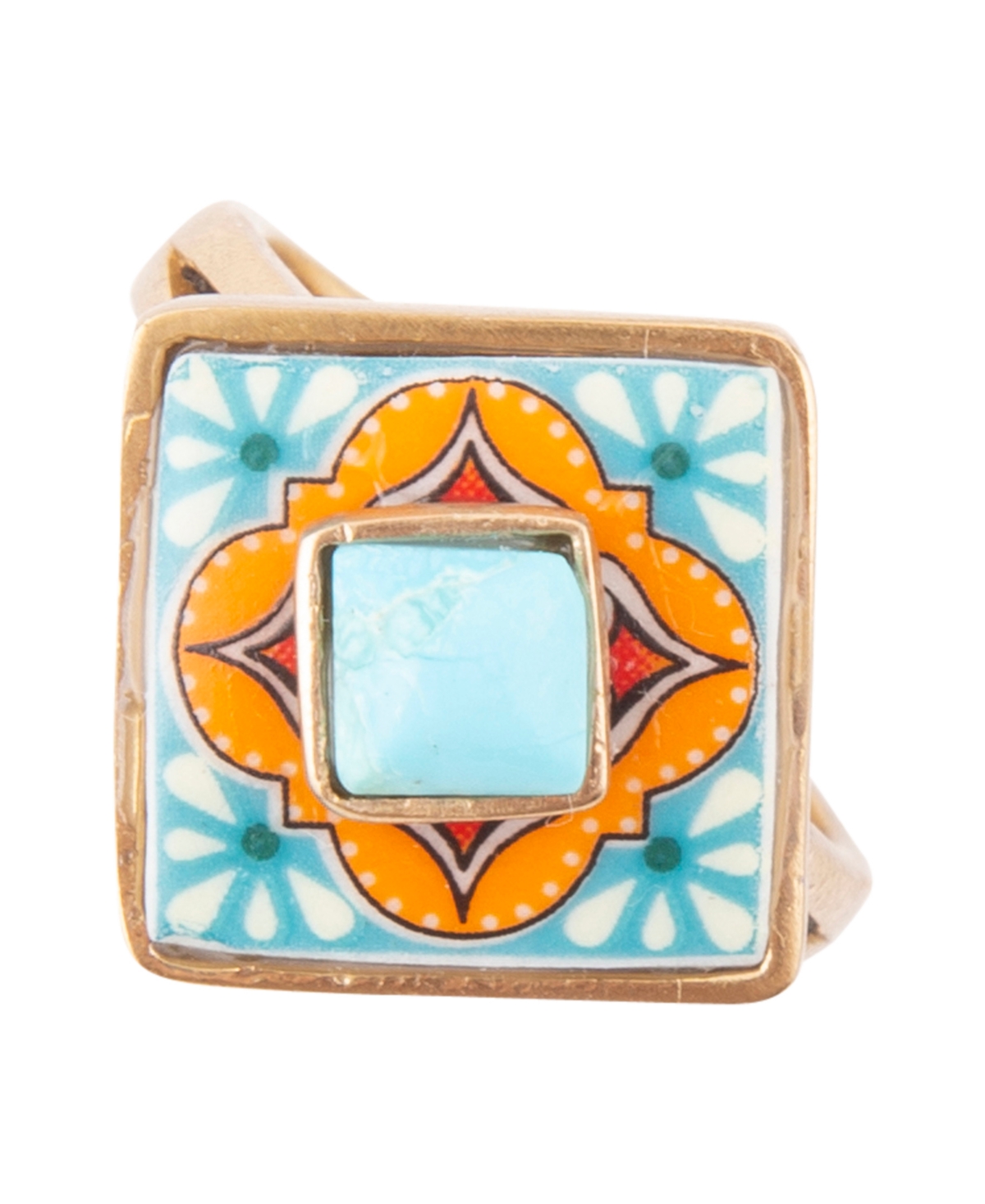 Talavera Tile Blue Turquoise Golden Ring - Genuine Turquoise