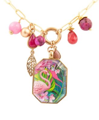 Scenic Pink Flamingo Agate Golden Pendant Necklace