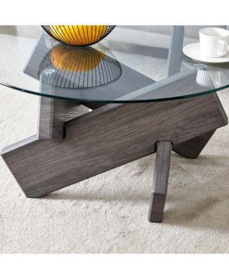 Streamdale Round Coffee Table – 1 Pc, Tempered Glass & MDF, 33.4" Diameter, Grey Patterned Legs, Modern Living Room Furniture