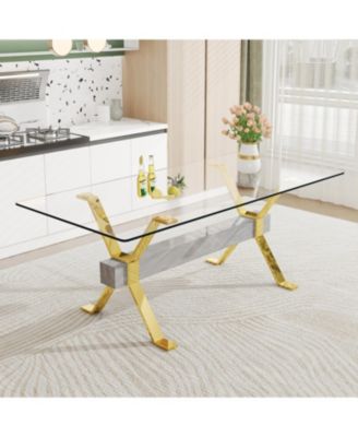 Streamdale Modern Glass Dining Table Gold Legs 79"