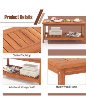 2-Tier Patio Coffee Table with Slatted Tabletop and Shelf