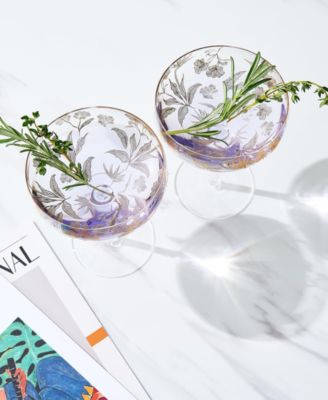 Vintage Floral-Etched Champagne Coupe Glasses, Set of 2