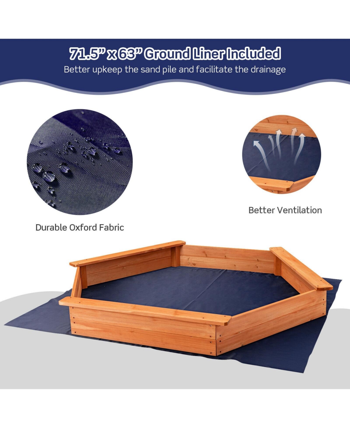 Hexagon Wooden Cedar Sand Box w Seat Boards