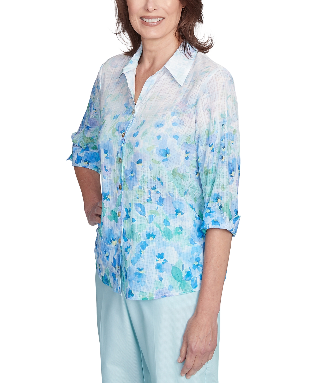 Alfred Dunner Plus Size St. Thomas Border Floral Button Down Top In Multi