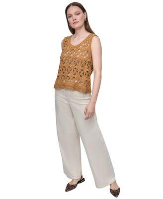 DKNY JEANS WOMENS CROCHET SCOOP NECK COTTON TOP HIGH RISE TAILORED WIDE LEG JEANS 