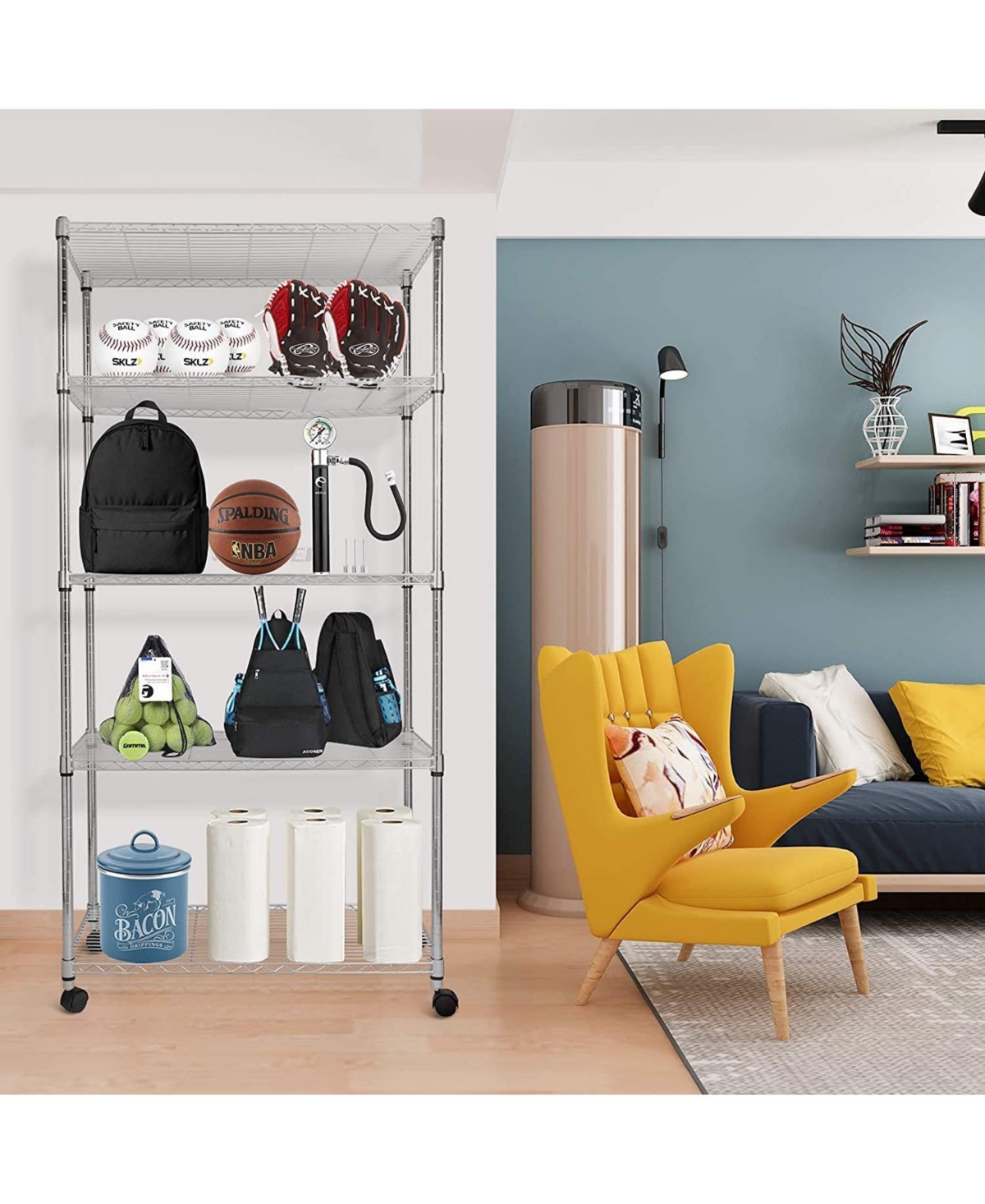 Simple Deluxe 5-Shelf Shelving with Wheels Steel Organizer 36"Wx14"Dx60"H Chrome