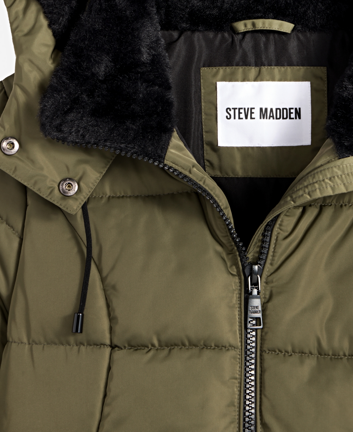 Steve Madden Women's Faux-fur-trim Hooded Utility-pocket Puffer Coat In Green