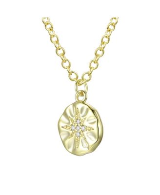 14K Gold Plated With Cubic Zirconia Engraved Round Pendant Necklace