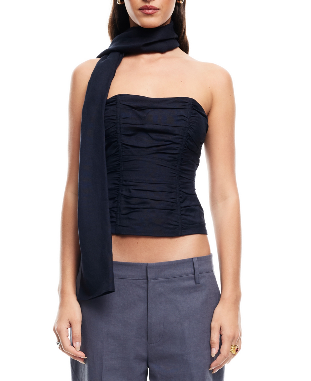 Women's Island Ruched Scarf-Trim Tube Top - Navy