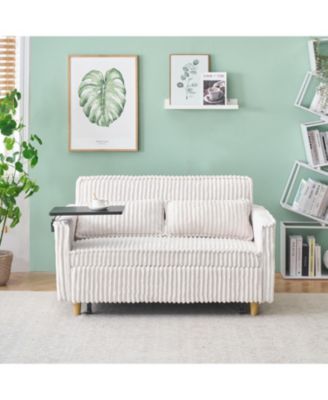 Corduroy Pull-Out Sofa with Tabletop and USB Ports