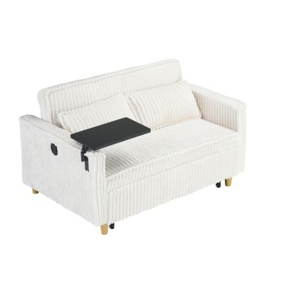 Corduroy Pull-Out Sofa with Tabletop and USB Ports