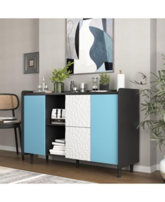 Black Buffet Cabinet with Blue Doors, Unique Paneling