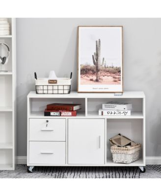 Printer Stand Home Office Mobile Cabinet Organizer Desktop with Caster Wheels, 2 Locking Breaks and Drawer, White