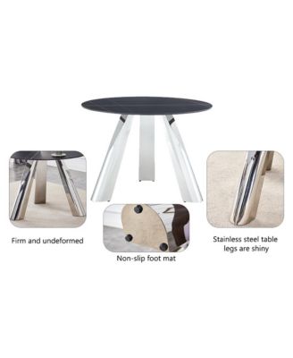 Round Table and 4 Black Chairs with Silver Metal Legs, Sintered Stone Tabletop