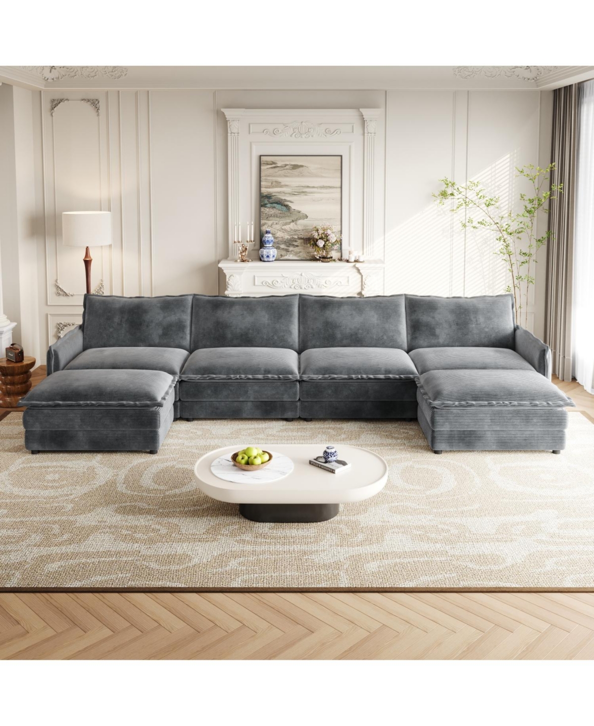 Streamdale Corduroy 4-Seater Cloud Couch with Footrests & Cushions