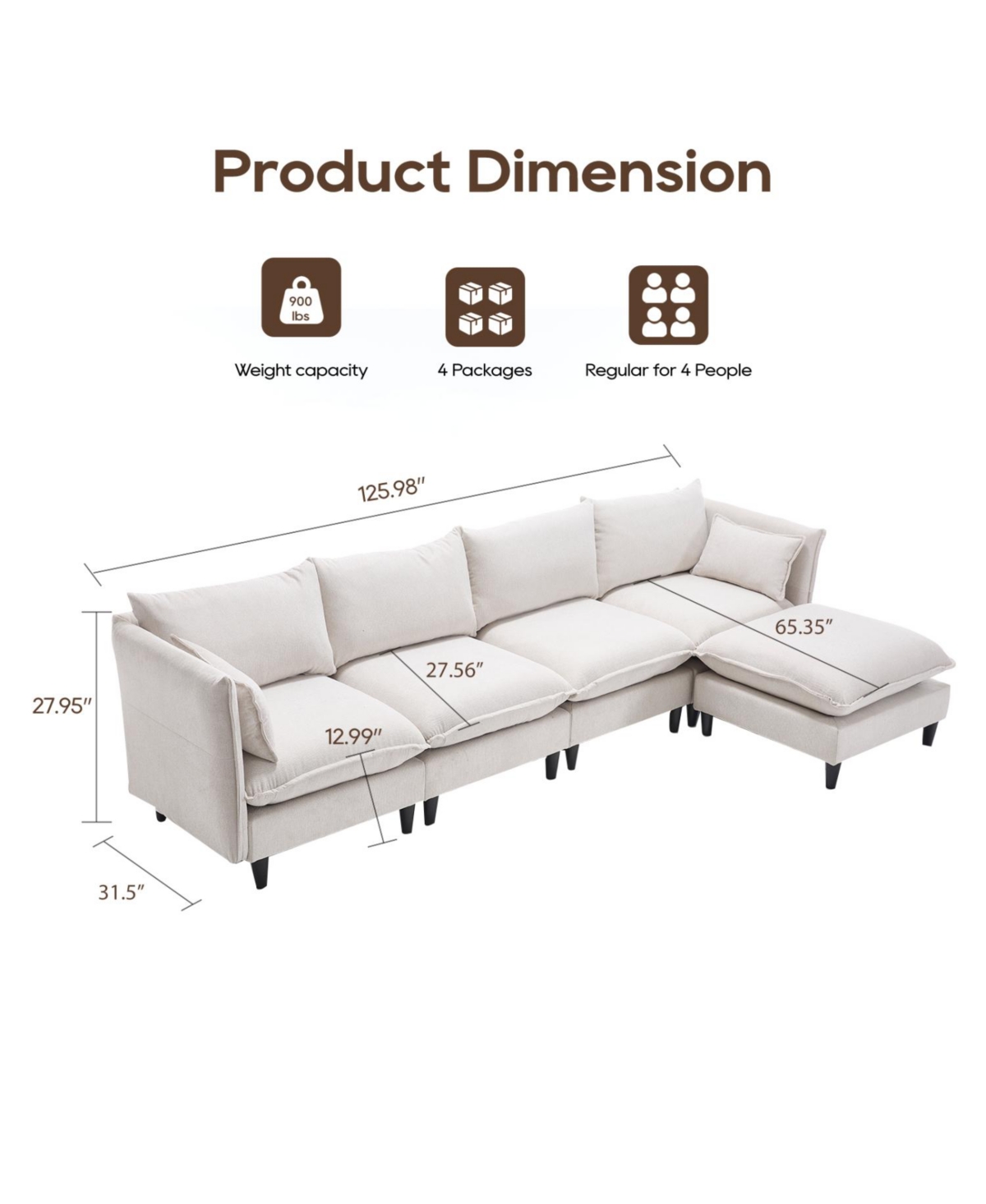 Streamdale Modular Sectional Sofa, L Shaped Couch Set for Living Room, 4-Seater Comfy Cloud Couches with Movable Ottoman Beige