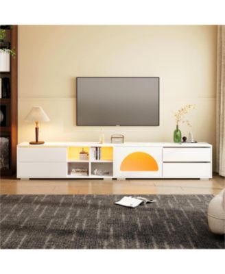 Modern TV Stand with Fluted Glass Sliding Door, Media Console with Storage and LED Backlight (White)