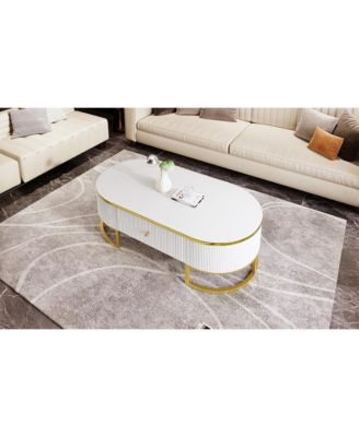 Streamdale Modern Oval Coffee Table with Drawers,Curved Profile Design, Gold Metal Decor, Center Table for Living Room in 47.2"