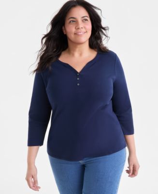 売れ筋商品|||スタイルアンドコー カットソー トップス レディース Women's Short-Sleeve Cotton Henley Top, PXS - 4X, Created for Macy's Blue Spell Style & Co Women's Printed Short-Sleeve Henley T-Shirt