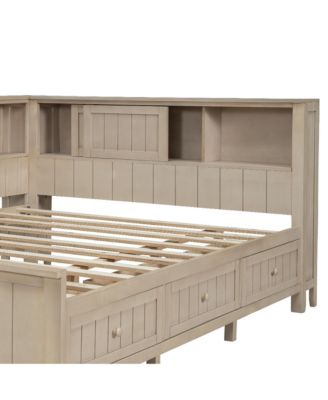 Full Size Wood Daybed with Storage Shelves and 3 Drawers, Antique White Milk