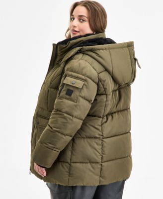 Plus Size Hooded Utility-Pocket Puffer Coat