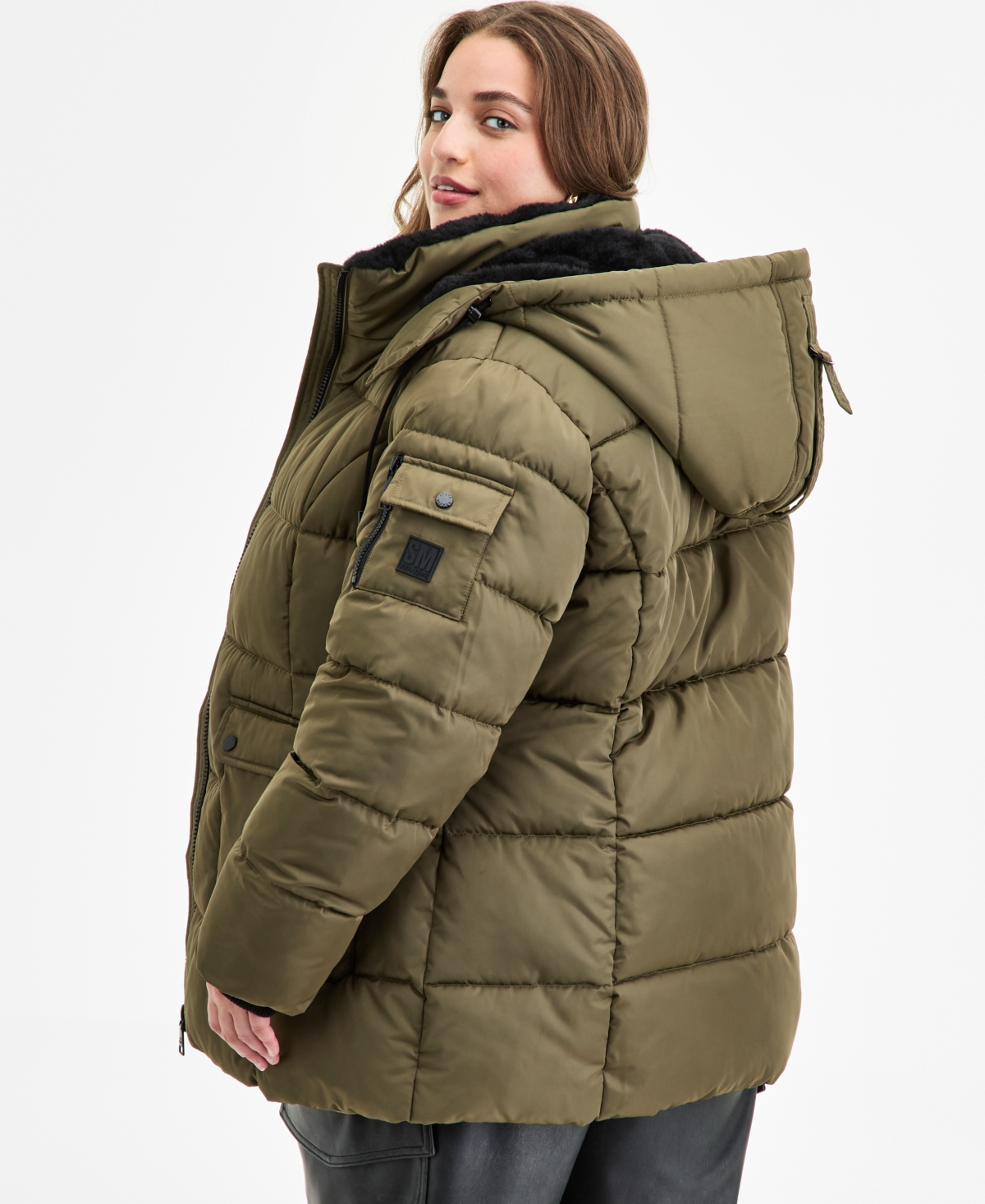 Steve Madden Plus Size Hooded Utility-pocket Puffer Coat In Green