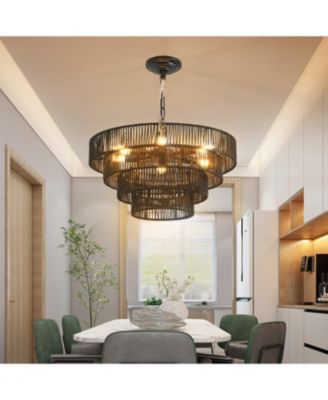 4-Tier Black Hemp Rope Chandelier with 6 Sockets, UL Listed Hardwired Pendant Light