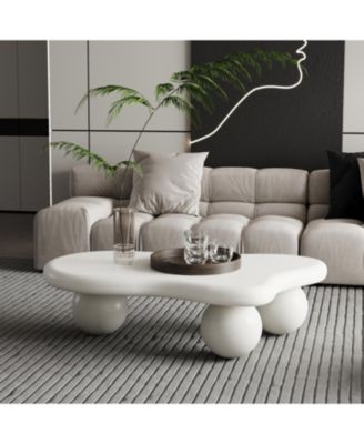 Streamdale 40 Inch Cloud Shaped Coffee Table with 3 Ball Legs for Living Room, Cream White