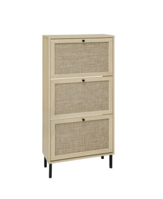 Rattan 3 Door Shoe Rack, Freestanding Modern Shoe Storage Cabinet, for Entryway