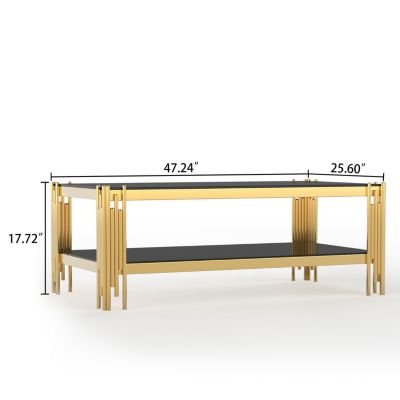 Streamdale Top and Bottom Double Layer Tempered Glass Coffee Table and Mirror Finished Stainless Steel Frame