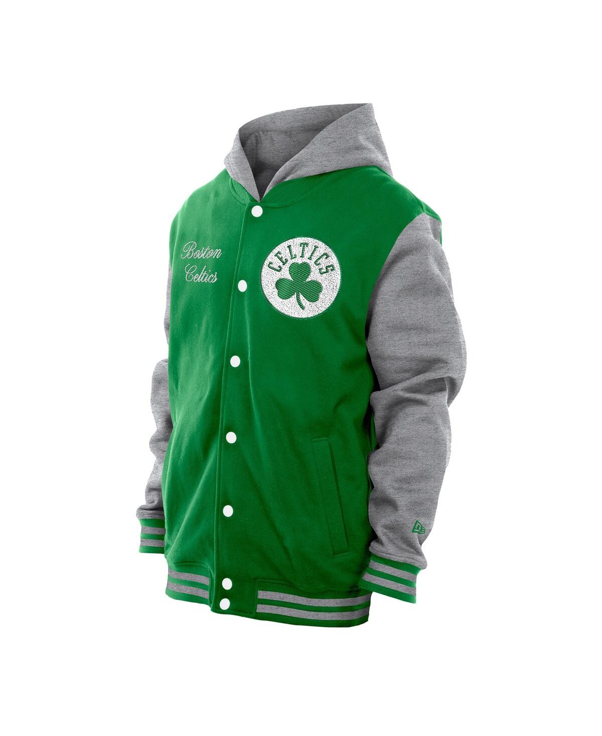 NEW ERA MEN'S KELLY GREEN BOSTON CELTICS THROWBACK PREP CHENILLE FULL-SNAP HOODED VARSITY JACKET 