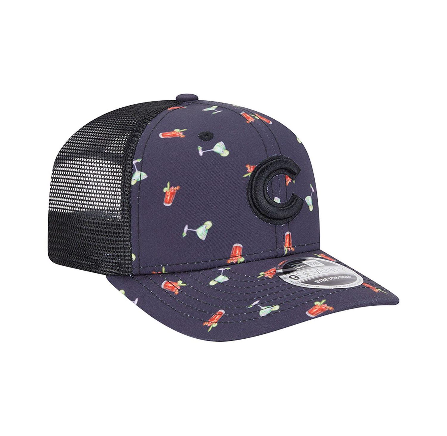 Men's Black Chicago Cubs Adventure Drinks Pattern 9SEVENTY Stretch-Snap Hat