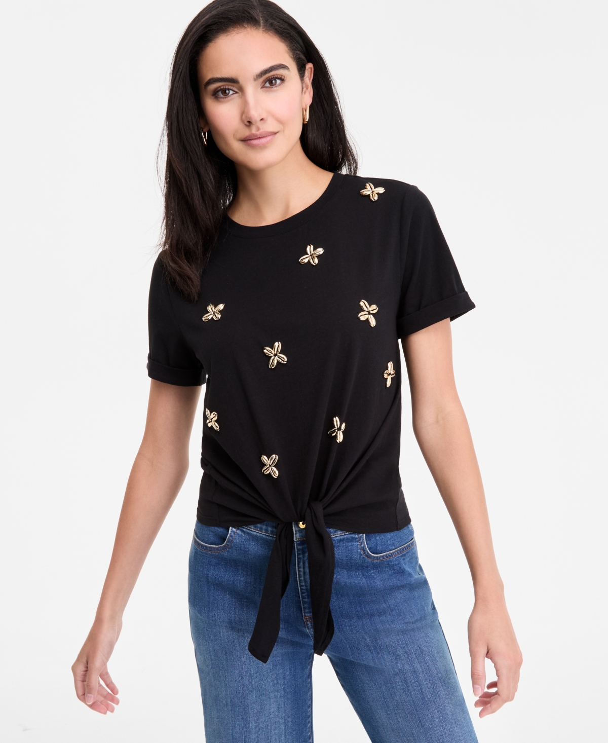 Women's Embellished Cotton Tie-Front T-Shirt, Exclusively at Macy's - Bright White