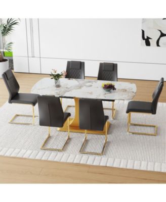 Pandora Glass Dining Set Table & 6 Black PU Chairs