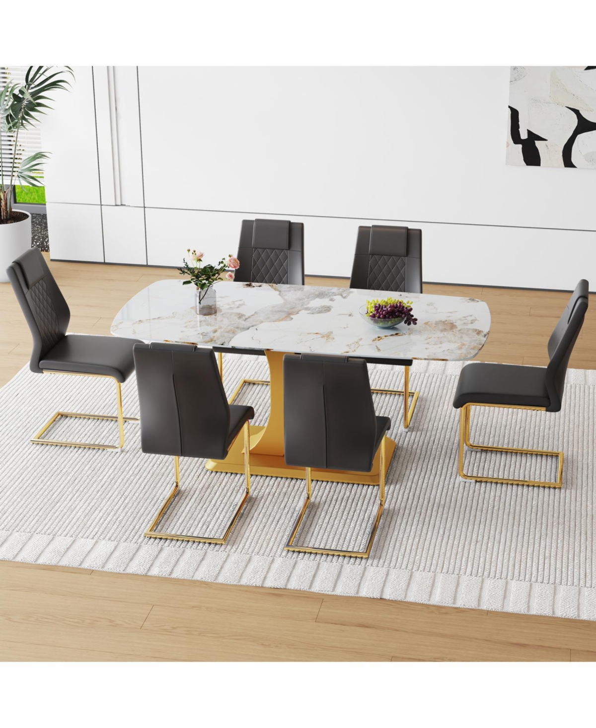 Streamdale 71" Pandora Glass Dining Set Table & 6 Black Pu Chairs