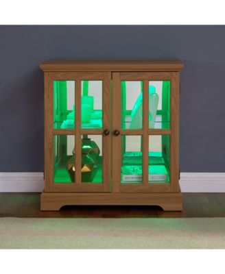 Antique LED Curio Display Cabinet, Adjustable Shelves, Lattice Doors, Oak Showcase