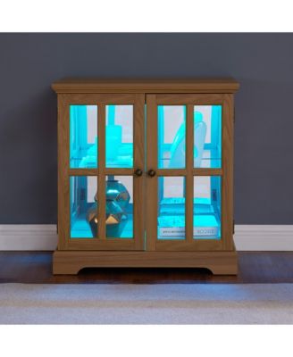 Antique LED Curio Display Cabinet, Adjustable Shelves, Lattice Doors, Oak Showcase