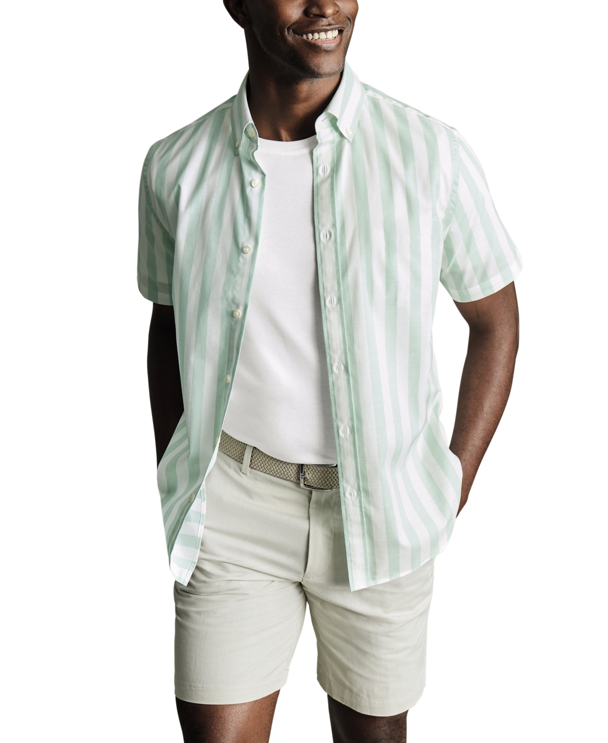 Men's Slim Fit Short Sleeve Wrinkle-Resistant Striped Button-Down Shirt - Sky Blue