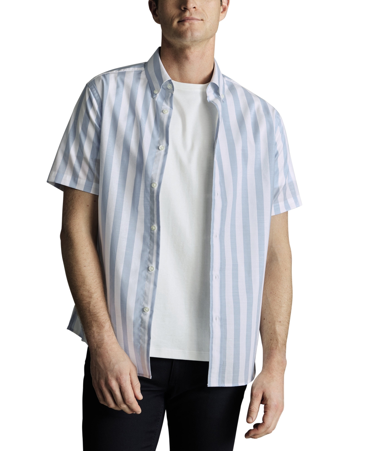 Men's Slim Fit Short Sleeve Wrinkle-Resistant Striped Button-Down Shirt - Sky Blue
