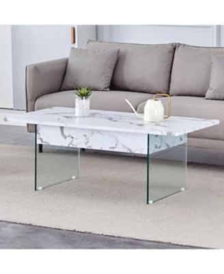 Multifunctional Lift Top Coffee Table with Modern Marble Pattern and Tempered Glass Legs