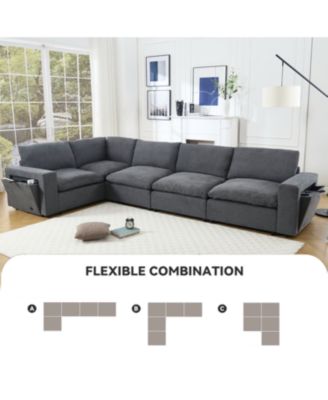 Gray Modular Sectional Sofa with Wireless Charging, Cup Holders, Book Storage
