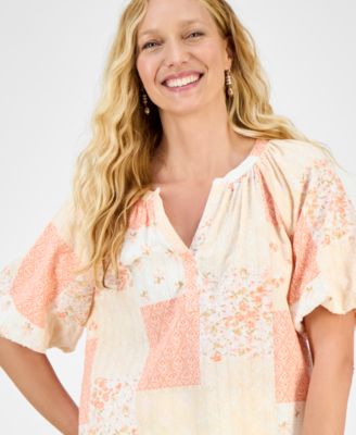 Women's Printed Bubble-Sleeve V-Neck Blouse, Exclusively at Macy's