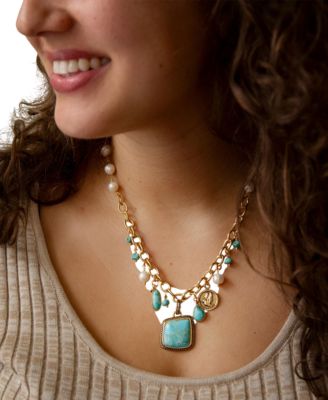 Blue Turquoise and White Cultivated Pearl Multi Pendant Necklace