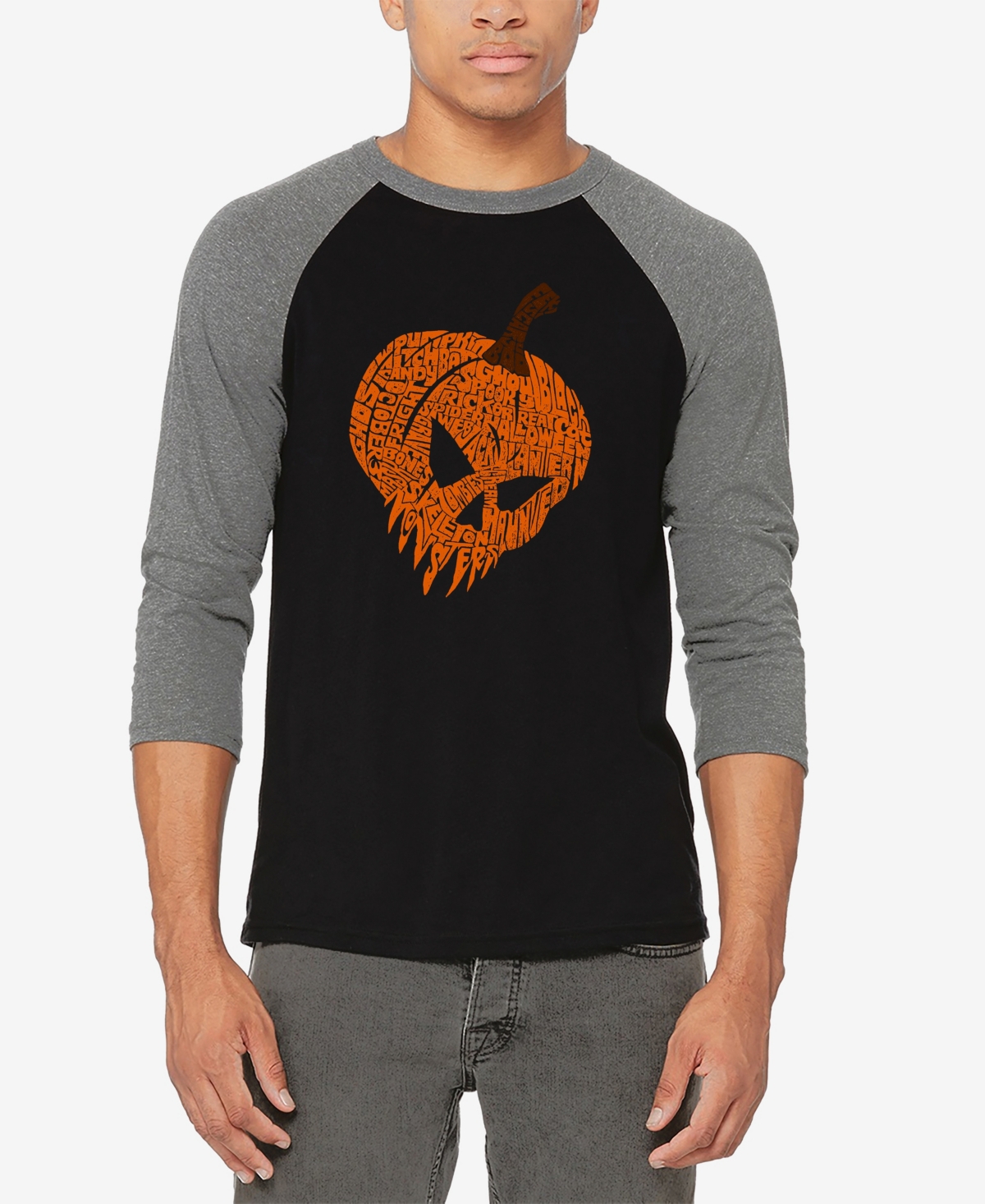 Men's Evil Pumpkin Raglan Baseball Word Art T-Shirt - Gray, Black