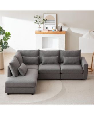 Streamdale 100" Convertible L-Shaped Linen Sofa with Ottoman & Cushions - Gray