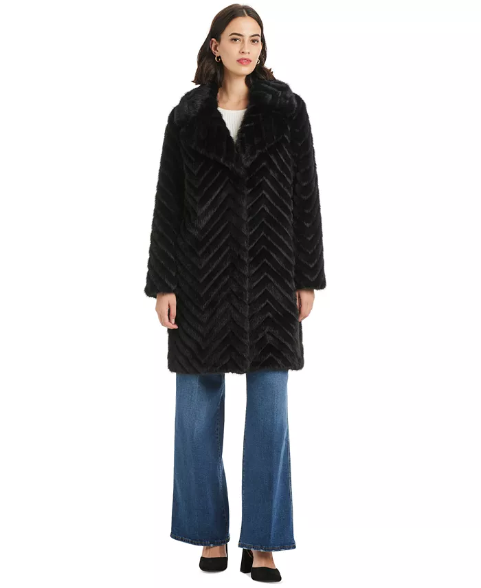 Women's Chevron Textured Faux-Fur Coat - thumbnail 9